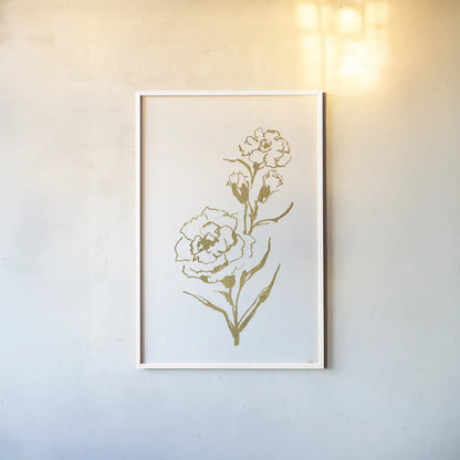 Gold Line Carnation III by Chris Paschke. shown as a paper print in a white frame. Available as a archival giclee rolled canvas, fine art paper, or poster print. SKU 69565h.