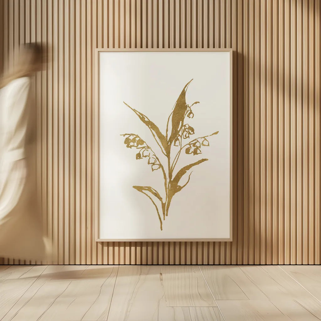 Gold Line Lily of the Valley I by Chris Paschke. shown as over sized large wall art. Available as an archival giclee rolled canvas, fine art paper, or poster print. SKU 69566h.