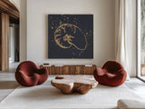 Gold Nautilus I by Chris Paschke. Shown as extra-large giant wall art in a modern living room. Available as an archival giclee rolled canvas, fine art paper, or poster print. SKU 69352a.