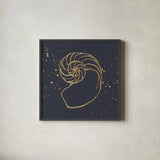 Gold Nautilus II by Chris Paschke. Shown in a sleek black glass frame for a contemporary gallery look. Available as an archival giclee rolled canvas, fine art paper, or poster print. SKU 69353a.
