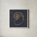 Gold Nautilus II by Chris Paschke. Shown in a crisp white glass frame for a clean and minimalist style. Available as an archival giclee rolled canvas, fine art paper, or poster print. SKU 69353a.