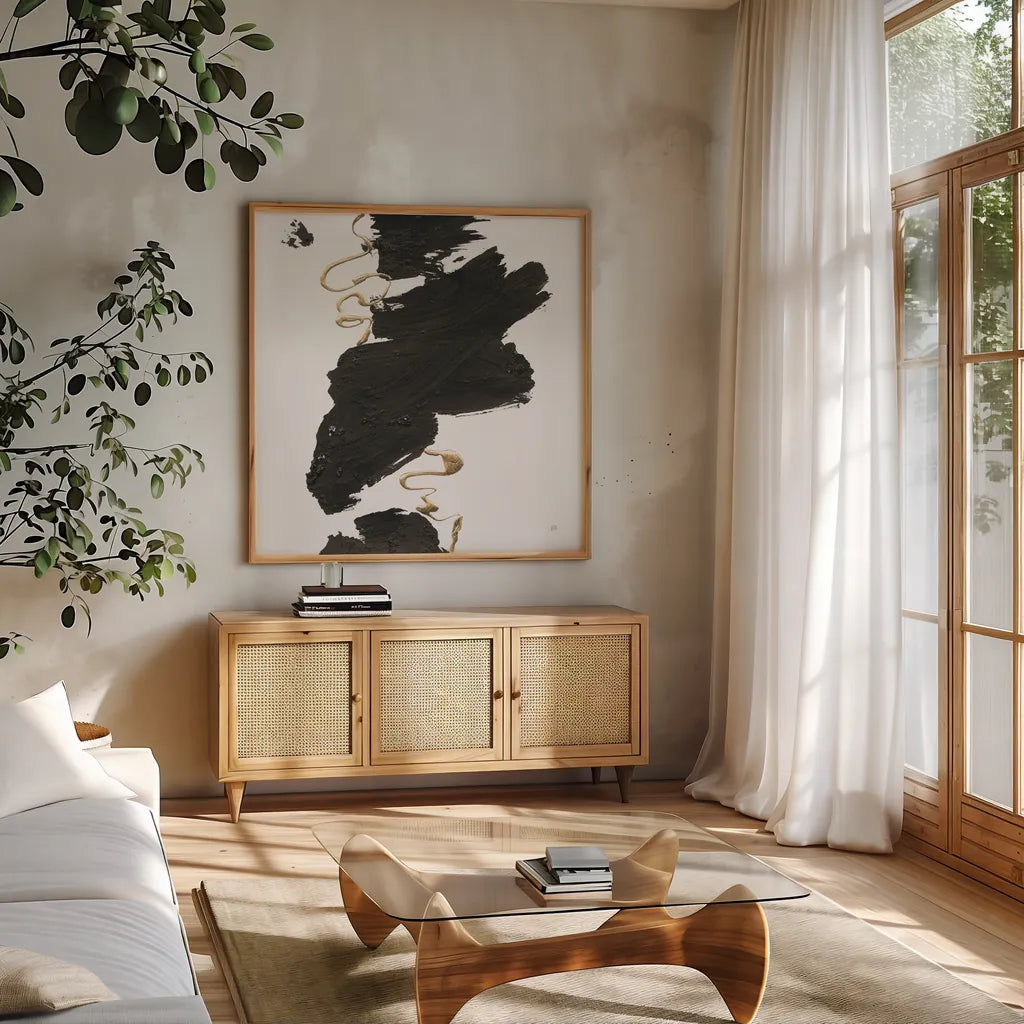 Gold Rope I by Chris Paschke. Shown in a natural wood frame in a cozy modern living room. Available as an archival giclee rolled canvas, fine art paper, or poster print. SKU 99931a.