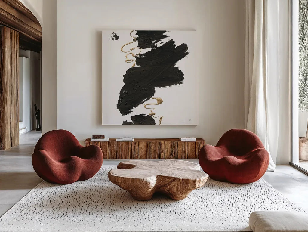 Gold Rope I by Chris Paschke. Shown as extra-large giant wall art in a modern living room. Available as an archival giclee rolled canvas, fine art paper, or poster print. SKU 99931a.