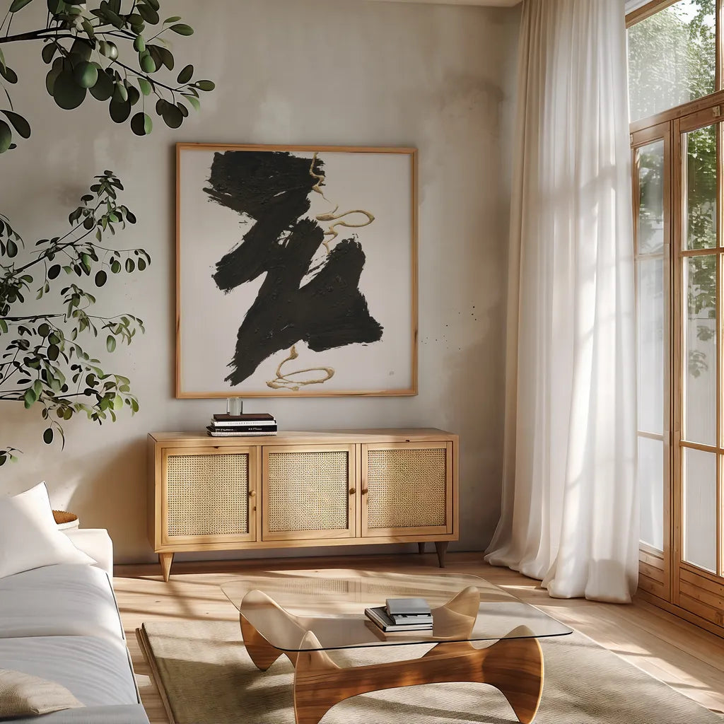 Gold Rope II by Chris Paschke. Shown in a natural wood frame in a cozy modern living room. Available as an archival giclee rolled canvas, fine art paper, or poster print. SKU 99932a.