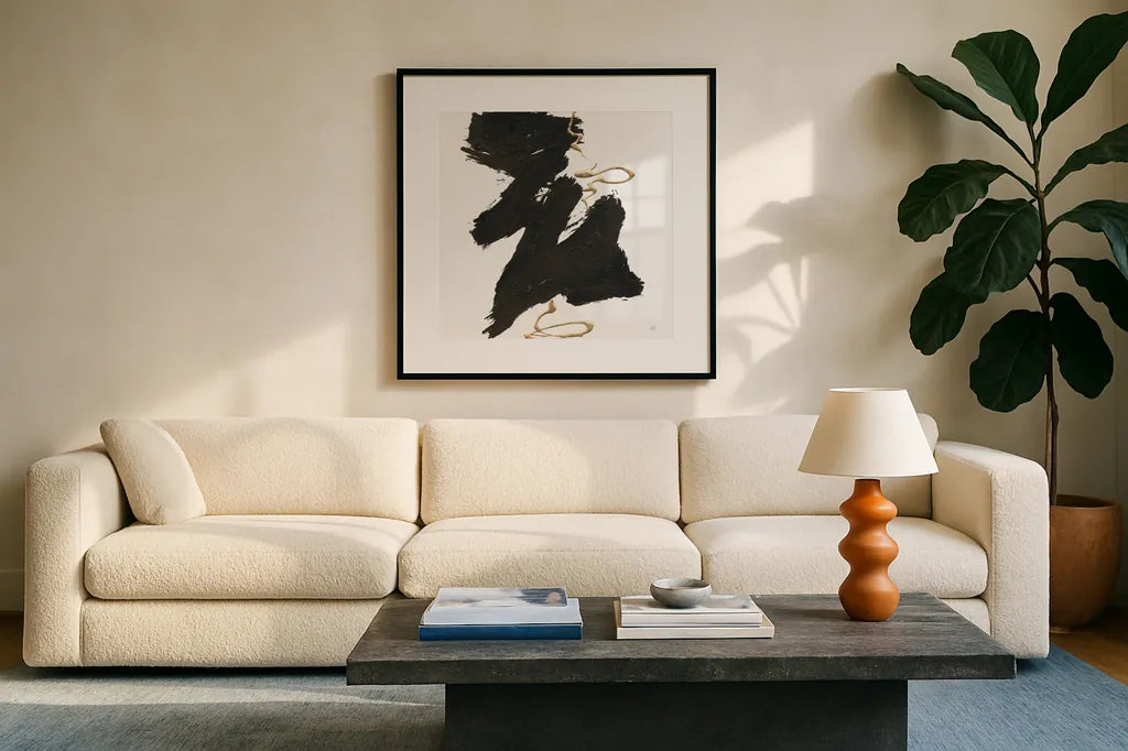 Gold Rope II by Chris Paschke. Displayed in a glass frame with matte in a clean modern living room. Available as an archival giclee rolled canvas, fine art paper, or poster print. SKU 99932a.