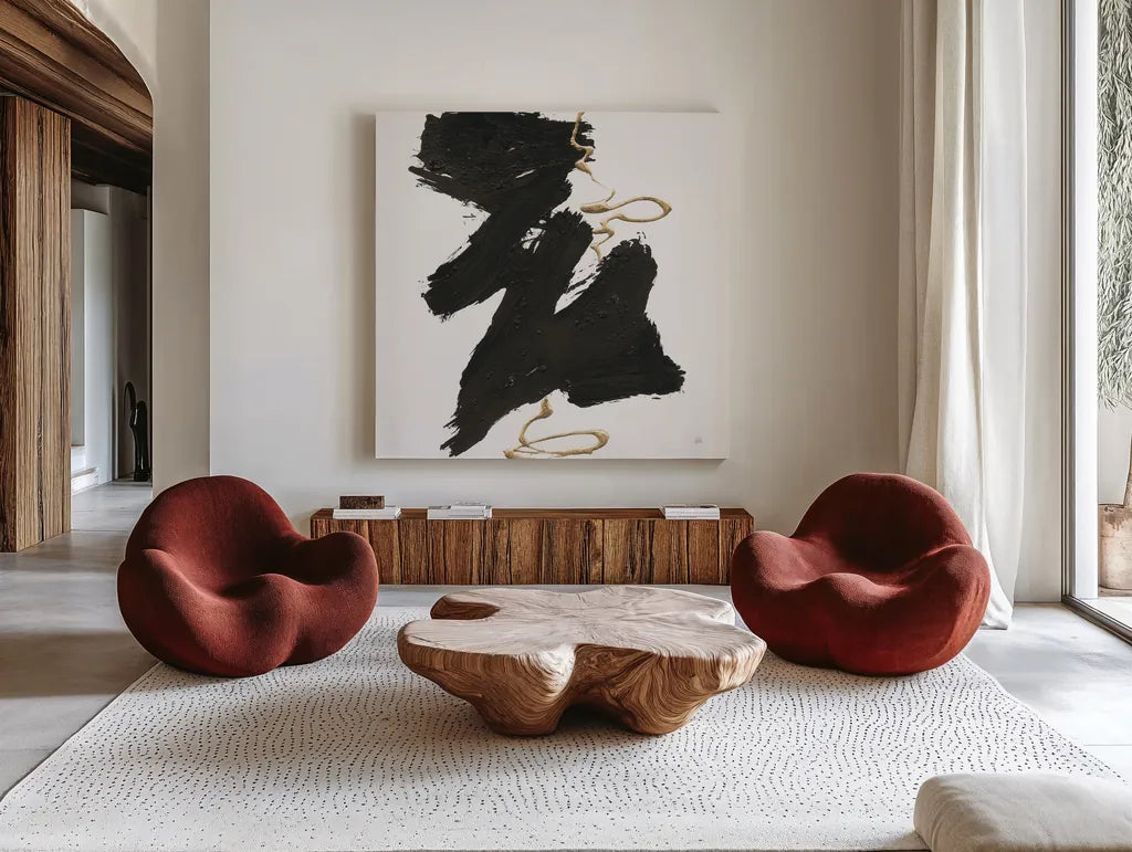 Gold Rope II by Chris Paschke. Shown as extra-large giant wall art in a modern living room. Available as an archival giclee rolled canvas, fine art paper, or poster print. SKU 99932a.