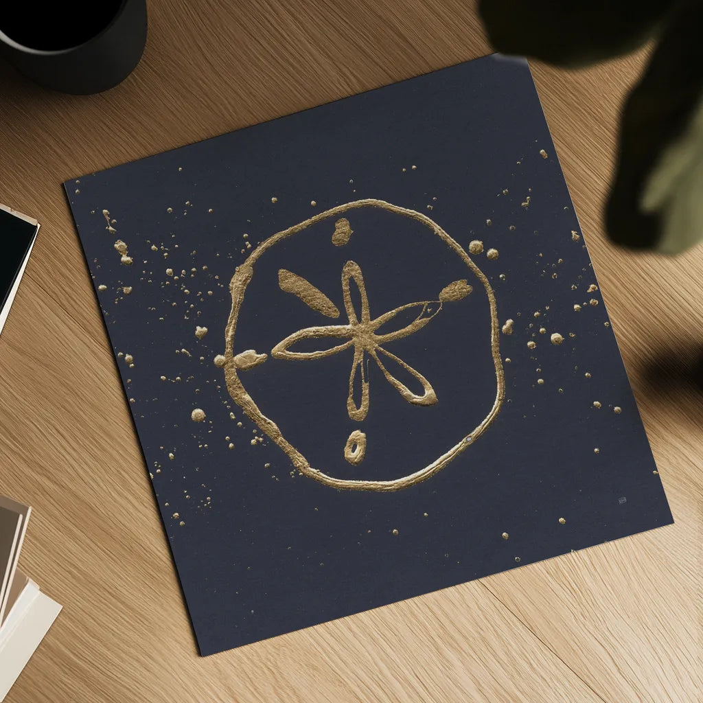 Gold Sand Dollar I by Chris Paschke. Shown as a detailed flat fine art print, highlighting archival giclee quality. Available as an archival giclee rolled canvas, fine art paper, or poster print. SKU 69354a.