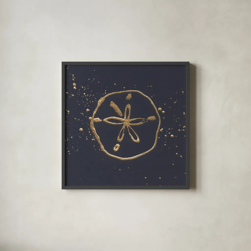 Gold Sand Dollar I by Chris Paschke. Shown in a sleek black glass frame for a contemporary gallery look. Available as an archival giclee rolled canvas, fine art paper, or poster print. SKU 69354a.