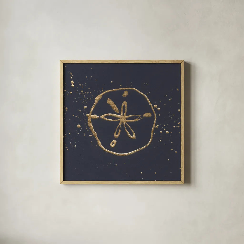 Gold Sand Dollar I by Chris Paschke. Shown in a natural wood glass frame for a timeless modern aesthetic. Available as an archival giclee rolled canvas, fine art paper, or poster print. SKU 69354a.