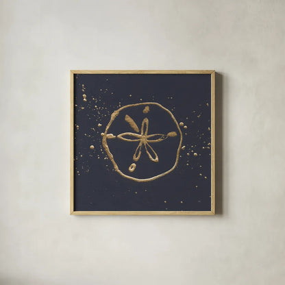 Gold Sand Dollar I by Chris Paschke. Shown in a natural wood glass frame for a timeless modern aesthetic. Available as an archival giclee rolled canvas, fine art paper, or poster print. SKU 69354a.