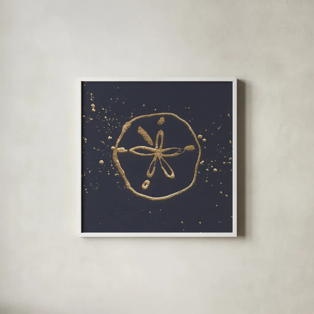 Gold Sand Dollar I by Chris Paschke. Shown in a crisp white glass frame for a clean and minimalist style. Available as an archival giclee rolled canvas, fine art paper, or poster print. SKU 69354a.