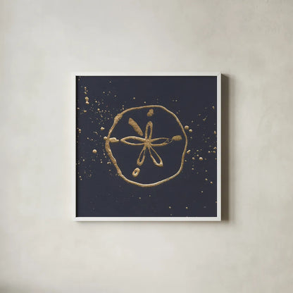 Gold Sand Dollar I by Chris Paschke. Shown in a crisp white glass frame for a clean and minimalist style. Available as an archival giclee rolled canvas, fine art paper, or poster print. SKU 69354a.