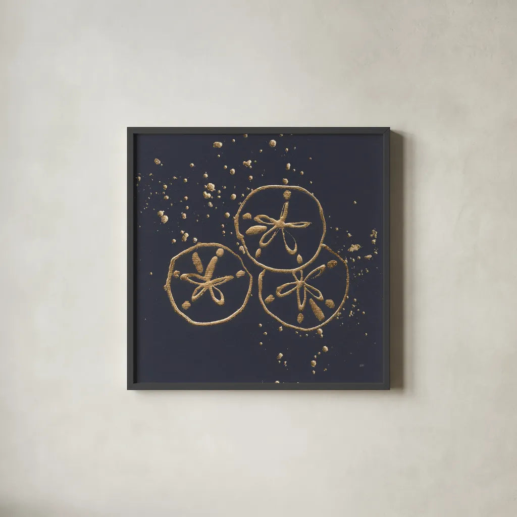 Gold Sand Dollar II by Chris Paschke. Shown in a sleek black glass frame for a contemporary gallery look. Available as an archival giclee rolled canvas, fine art paper, or poster print. SKU 69355a.