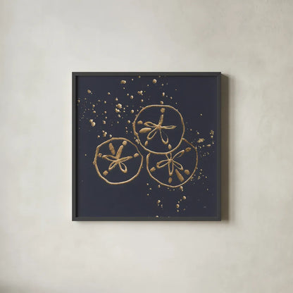 Gold Sand Dollar II by Chris Paschke. Shown in a sleek black glass frame for a contemporary gallery look. Available as an archival giclee rolled canvas, fine art paper, or poster print. SKU 69355a.