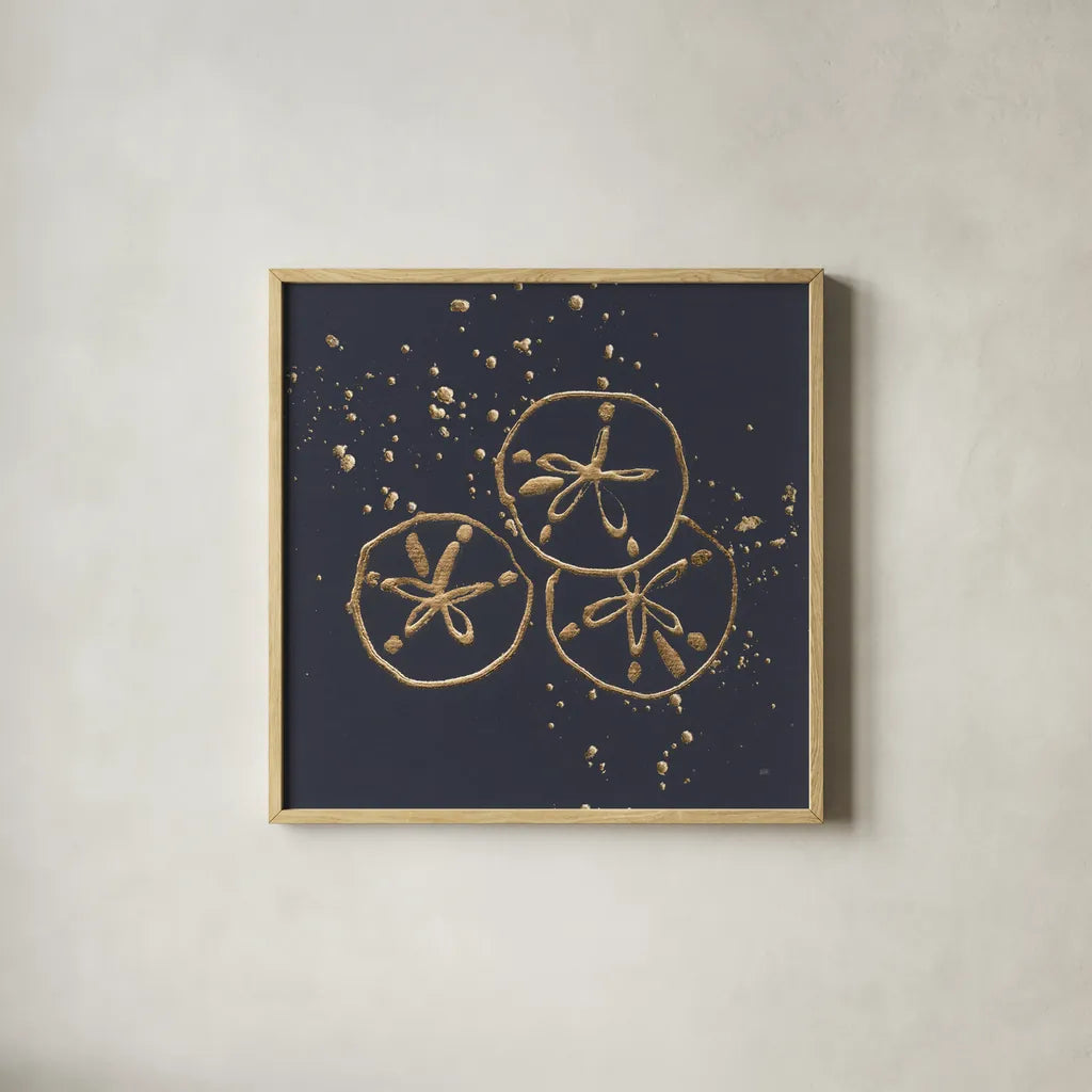 Gold Sand Dollar II by Chris Paschke. Shown in a natural wood glass frame for a timeless modern aesthetic. Available as an archival giclee rolled canvas, fine art paper, or poster print. SKU 69355a.