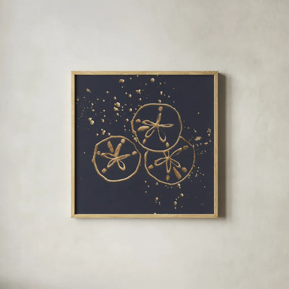 Gold Sand Dollar II by Chris Paschke. Shown in a natural wood glass frame for a timeless modern aesthetic. Available as an archival giclee rolled canvas, fine art paper, or poster print. SKU 69355a.