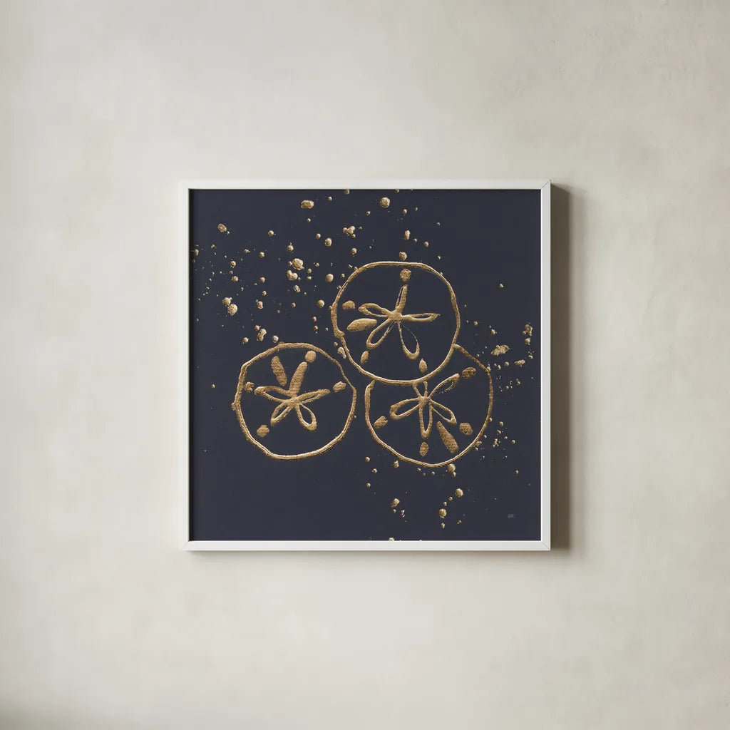 Gold Sand Dollar II by Chris Paschke. Shown in a crisp white glass frame for a clean and minimalist style. Available as an archival giclee rolled canvas, fine art paper, or poster print. SKU 69355a.