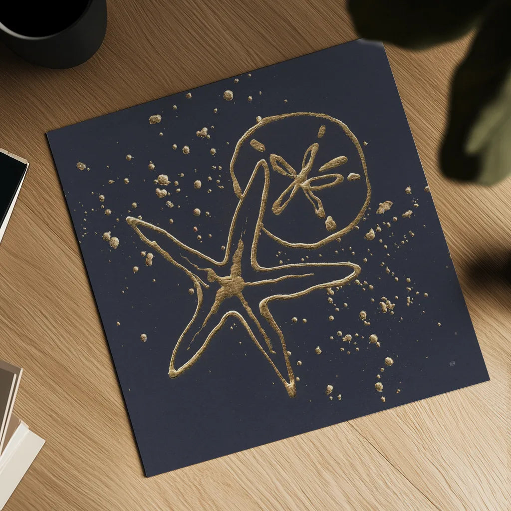 Gold Sand Dollar Starfish by Chris Paschke. Shown as a detailed flat fine art print, highlighting archival giclee quality. Available as an archival giclee rolled canvas, fine art paper, or poster print. SKU 69356a.