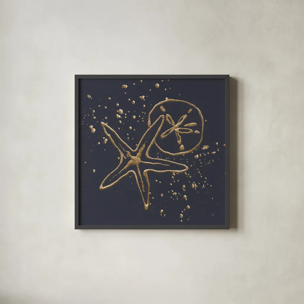 Gold Sand Dollar Starfish by Chris Paschke. Shown in a sleek black glass frame for a contemporary gallery look. Available as an archival giclee rolled canvas, fine art paper, or poster print. SKU 69356a.