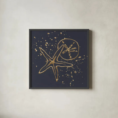 Gold Sand Dollar Starfish by Chris Paschke. Shown in a sleek black glass frame for a contemporary gallery look. Available as an archival giclee rolled canvas, fine art paper, or poster print. SKU 69356a.