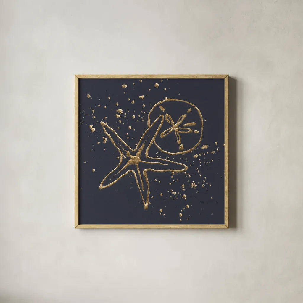 Gold Sand Dollar Starfish by Chris Paschke. Shown in a natural wood glass frame for a timeless modern aesthetic. Available as an archival giclee rolled canvas, fine art paper, or poster print. SKU 69356a.