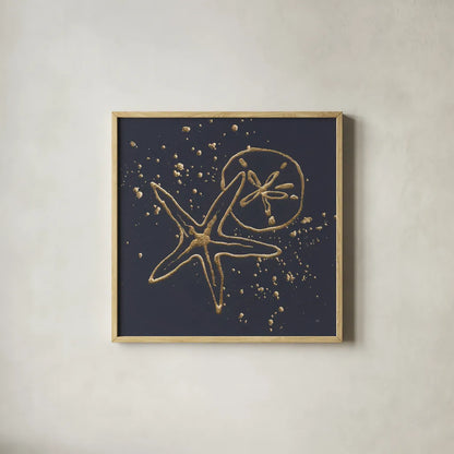 Gold Sand Dollar Starfish by Chris Paschke. Shown in a natural wood glass frame for a timeless modern aesthetic. Available as an archival giclee rolled canvas, fine art paper, or poster print. SKU 69356a.