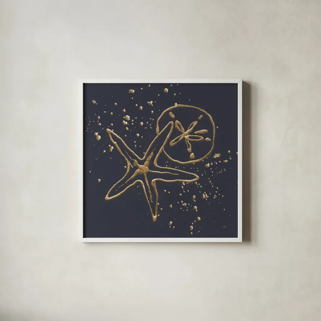Gold Sand Dollar Starfish by Chris Paschke. Shown in a crisp white glass frame for a clean and minimalist style. Available as an archival giclee rolled canvas, fine art paper, or poster print. SKU 69356a.