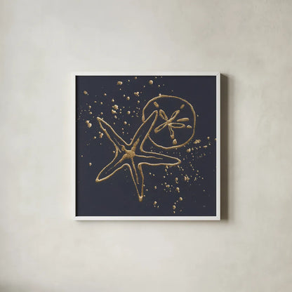 Gold Sand Dollar Starfish by Chris Paschke. Shown in a crisp white glass frame for a clean and minimalist style. Available as an archival giclee rolled canvas, fine art paper, or poster print. SKU 69356a.