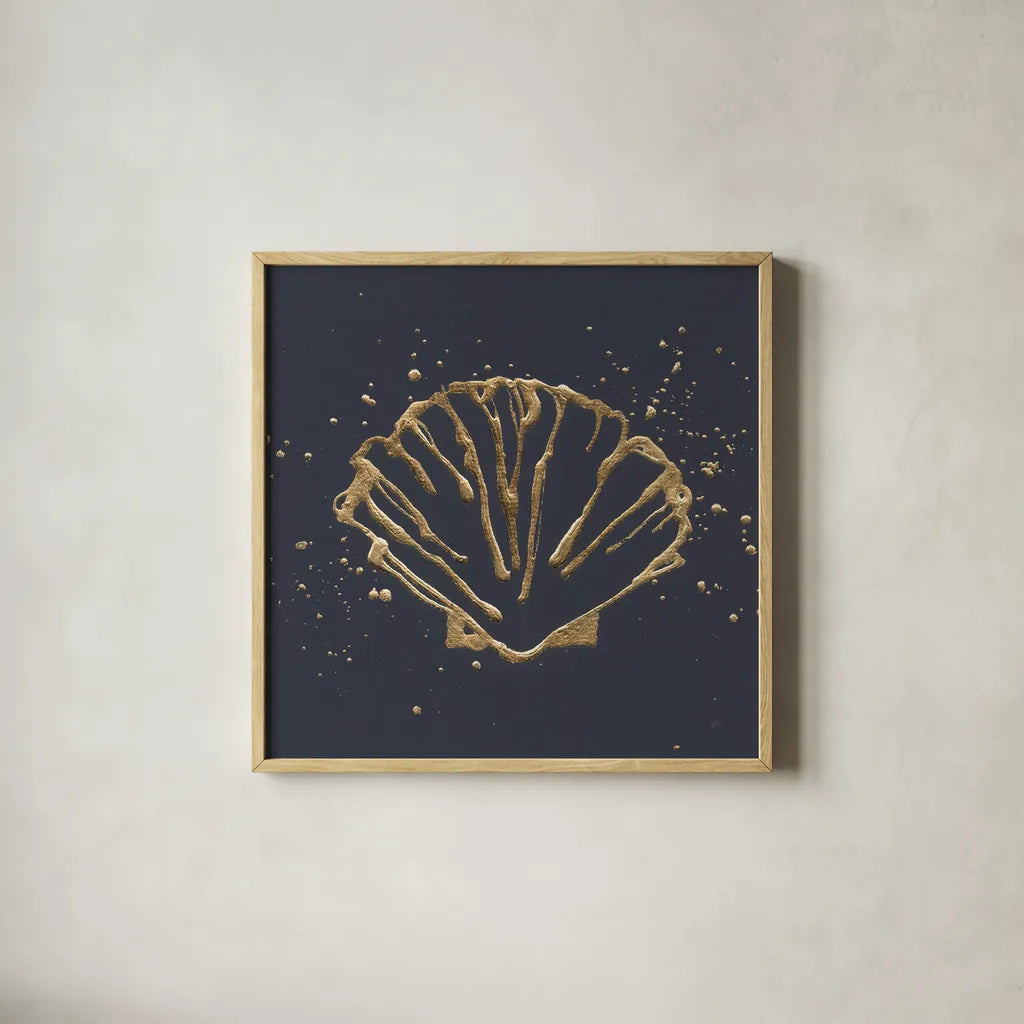 Gold Scallop I by Chris Paschke. Shown in a natural wood glass frame for a timeless modern aesthetic. Available as an archival giclee rolled canvas, fine art paper, or poster print. SKU 69357a.