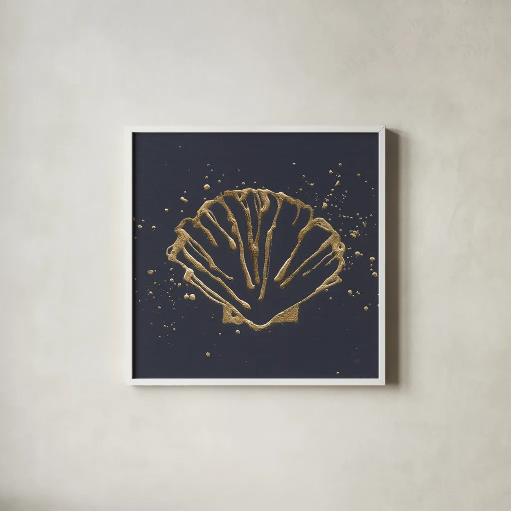 Gold Scallop I by Chris Paschke. Shown in a crisp white glass frame for a clean and minimalist style. Available as an archival giclee rolled canvas, fine art paper, or poster print. SKU 69357a.