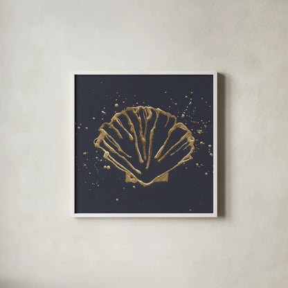Gold Scallop I by Chris Paschke. Shown in a crisp white glass frame for a clean and minimalist style. Available as an archival giclee rolled canvas, fine art paper, or poster print. SKU 69357a.