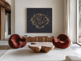 Gold Scallop I by Chris Paschke. Shown as extra-large giant wall art in a modern living room. Available as an archival giclee rolled canvas, fine art paper, or poster print. SKU 69357a.