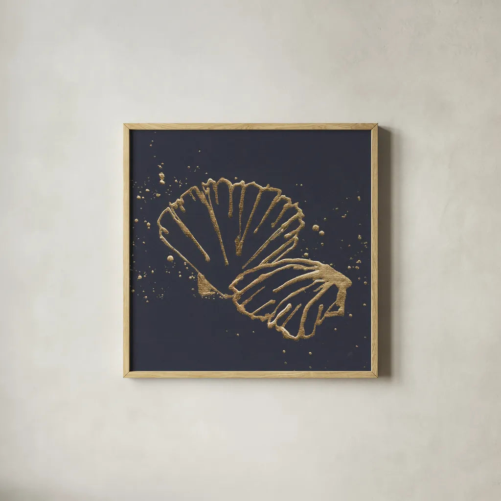 Gold Scallop II by Chris Paschke. Shown in a natural wood glass frame for a timeless modern aesthetic. Available as an archival giclee rolled canvas, fine art paper, or poster print. SKU 69358a.