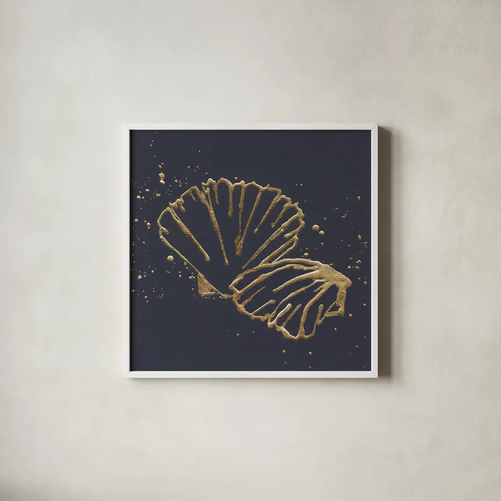 Gold Scallop II by Chris Paschke. Shown in a crisp white glass frame for a clean and minimalist style. Available as an archival giclee rolled canvas, fine art paper, or poster print. SKU 69358a.