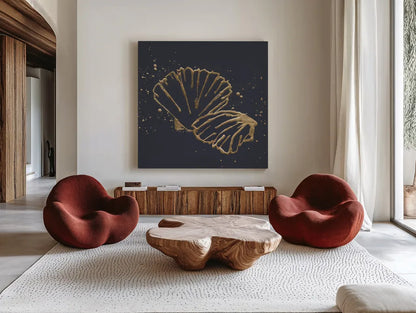 Gold Scallop II by Chris Paschke. Shown as extra-large giant wall art in a modern living room. Available as an archival giclee rolled canvas, fine art paper, or poster print. SKU 69358a.