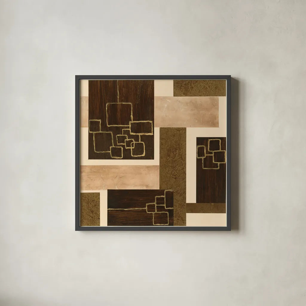 Gold Squares by Chris Paschke. Shown in a sleek black glass frame for a contemporary gallery look. Available as an archival giclee rolled canvas, fine art paper, or poster print. SKU 22611a.