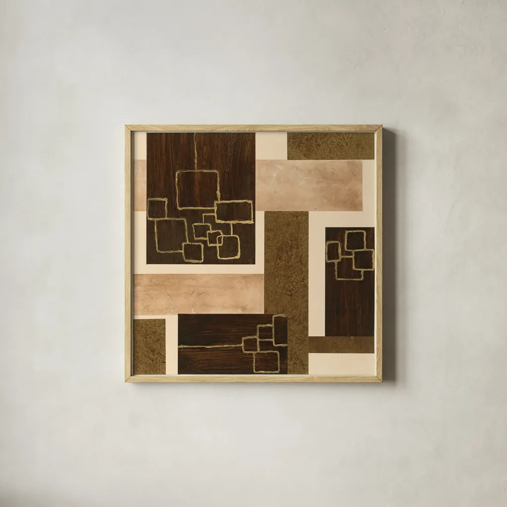 Gold Squares by Chris Paschke. Shown in a natural wood glass frame for a timeless modern aesthetic. Available as an archival giclee rolled canvas, fine art paper, or poster print. SKU 22611a.
