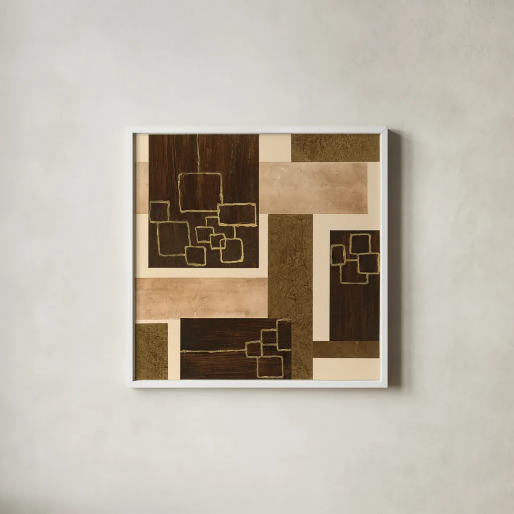 Gold Squares by Chris Paschke. Shown in a crisp white glass frame for a clean and minimalist style. Available as an archival giclee rolled canvas, fine art paper, or poster print. SKU 22611a.