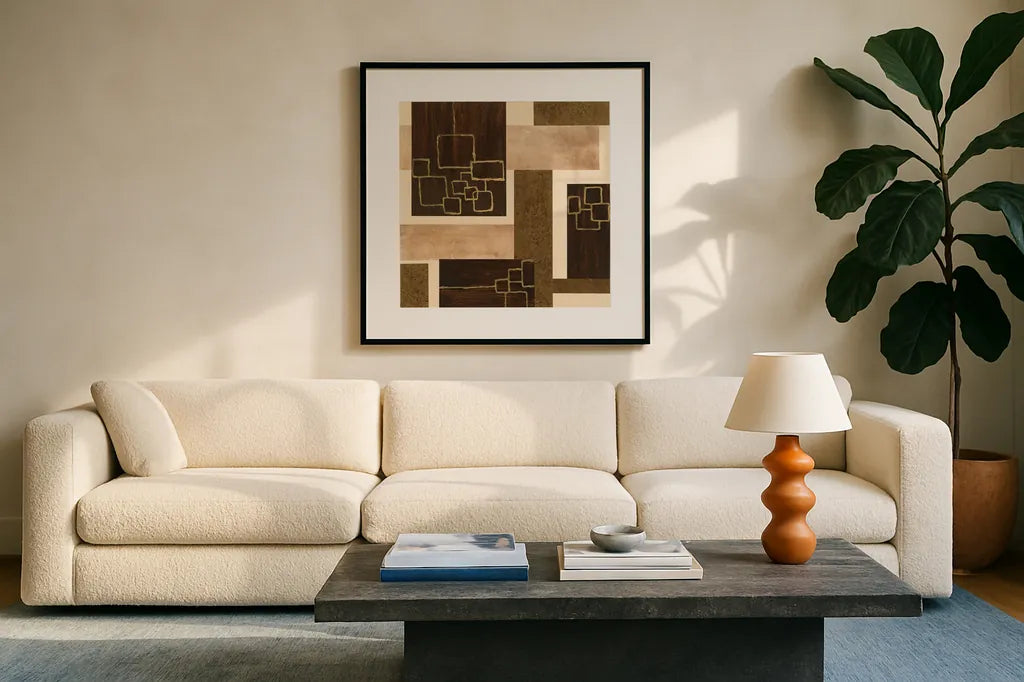 Gold Squares by Chris Paschke. Displayed in a glass frame with matte in a clean modern living room. Available as an archival giclee rolled canvas, fine art paper, or poster print. SKU 22611a.