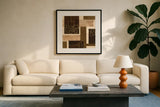 Gold Squares by Chris Paschke. Displayed in a glass frame with matte in a clean modern living room. Available as an archival giclee rolled canvas, fine art paper, or poster print. SKU 22611a.