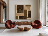 Gold Squares by Chris Paschke. Shown as extra-large giant wall art in a modern living room. Available as an archival giclee rolled canvas, fine art paper, or poster print. SKU 22611a.