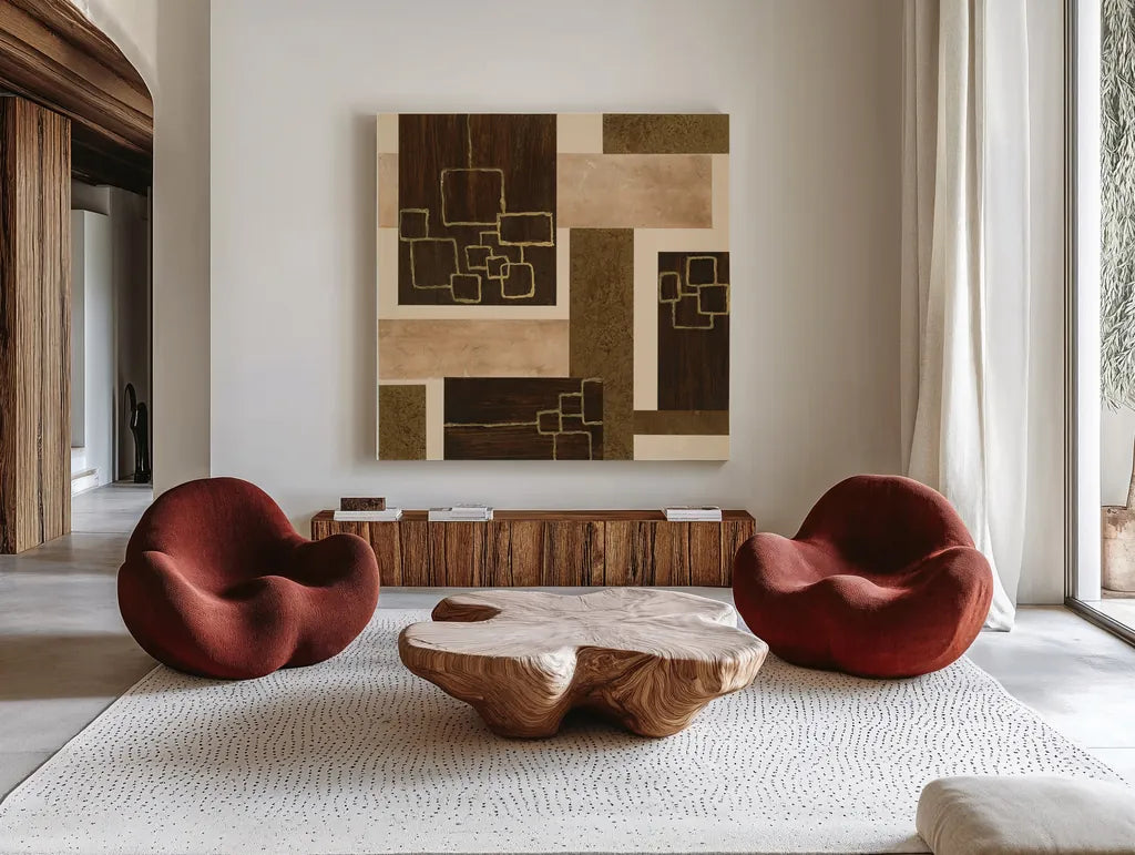 Gold Squares by Chris Paschke. Shown as extra-large giant wall art in a modern living room. Available as an archival giclee rolled canvas, fine art paper, or poster print. SKU 22611a.