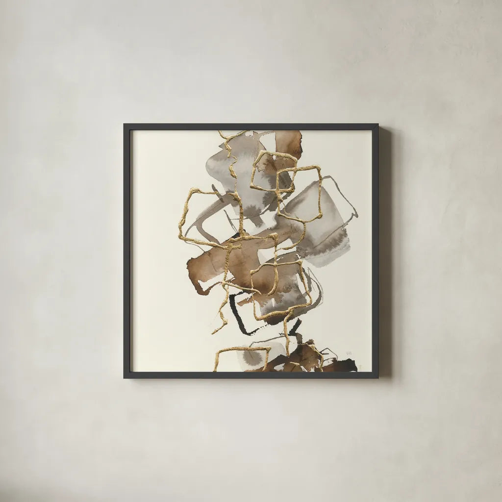 Gold Squares I by Chris Paschke. Shown in a sleek black glass frame for a contemporary gallery look. Available as an archival giclee rolled canvas, fine art paper, or poster print. SKU 31743a.