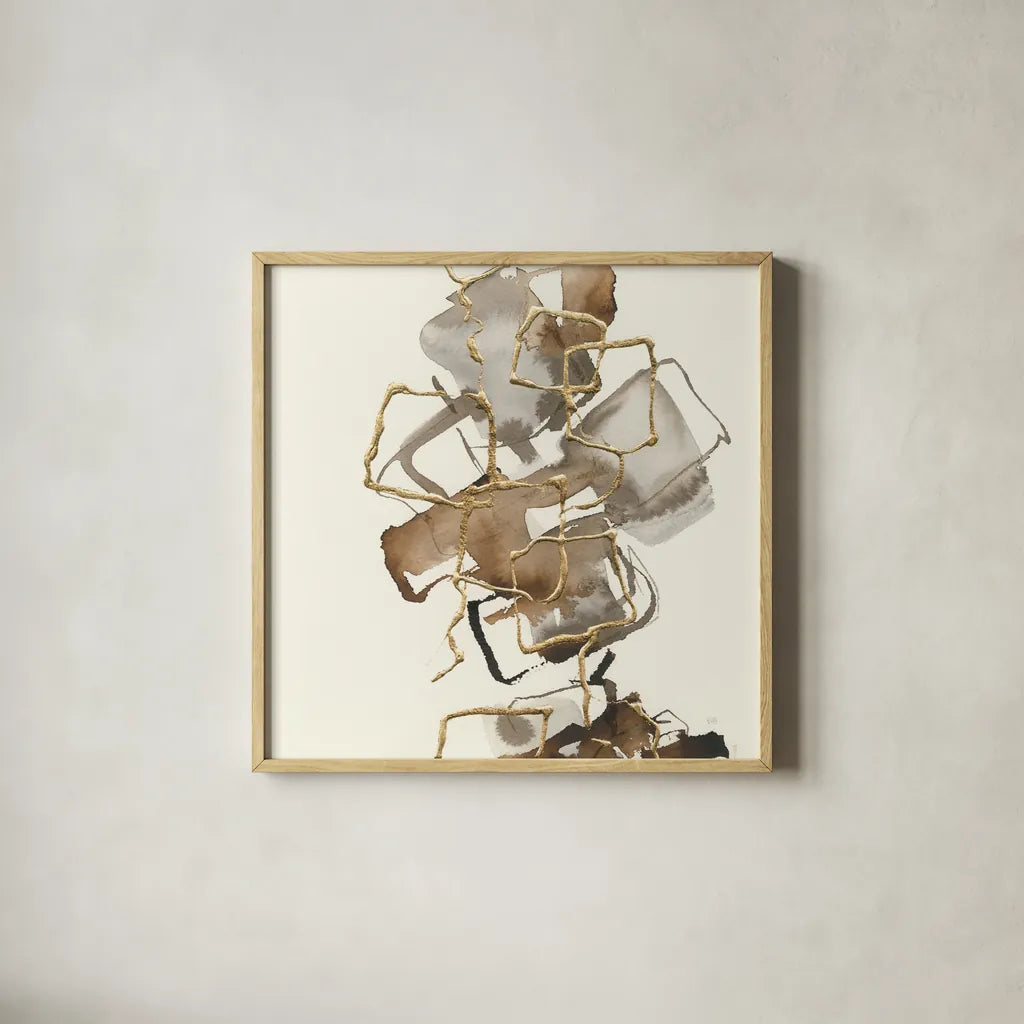 Gold Squares I by Chris Paschke. Shown in a natural wood glass frame for a timeless modern aesthetic. Available as an archival giclee rolled canvas, fine art paper, or poster print. SKU 31743a.