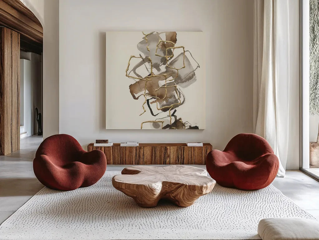 Gold Squares I by Chris Paschke. Shown as extra-large giant wall art in a modern living room. Available as an archival giclee rolled canvas, fine art paper, or poster print. SKU 31743a.