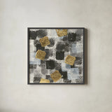 Gold Squares I by Chris Paschke. Shown in a sleek black glass frame for a contemporary gallery look. Available as an archival giclee rolled canvas, fine art paper, or poster print. SKU 34705a.