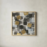 Gold Squares I by Chris Paschke. Shown in a natural wood glass frame for a timeless modern aesthetic. Available as an archival giclee rolled canvas, fine art paper, or poster print. SKU 34705a.
