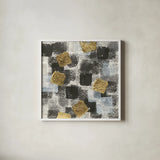 Gold Squares I by Chris Paschke. Shown in a crisp white glass frame for a clean and minimalist style. Available as an archival giclee rolled canvas, fine art paper, or poster print. SKU 34705a.
