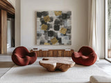 Gold Squares I by Chris Paschke. Shown as extra-large giant wall art in a modern living room. Available as an archival giclee rolled canvas, fine art paper, or poster print. SKU 34705a.