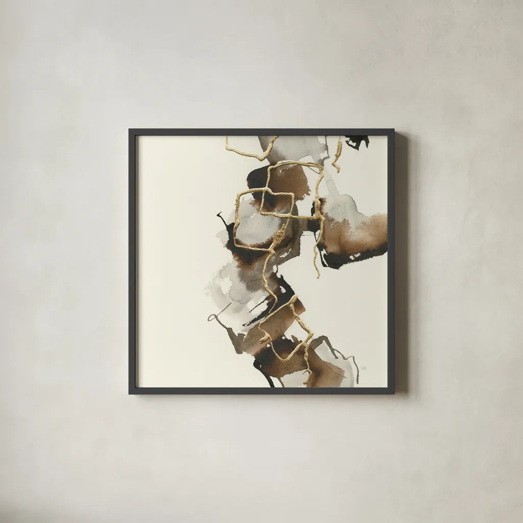 Gold Squares II by Chris Paschke. Shown in a sleek black glass frame for a contemporary gallery look. Available as an archival giclee rolled canvas, fine art paper, or poster print. SKU 31744a.